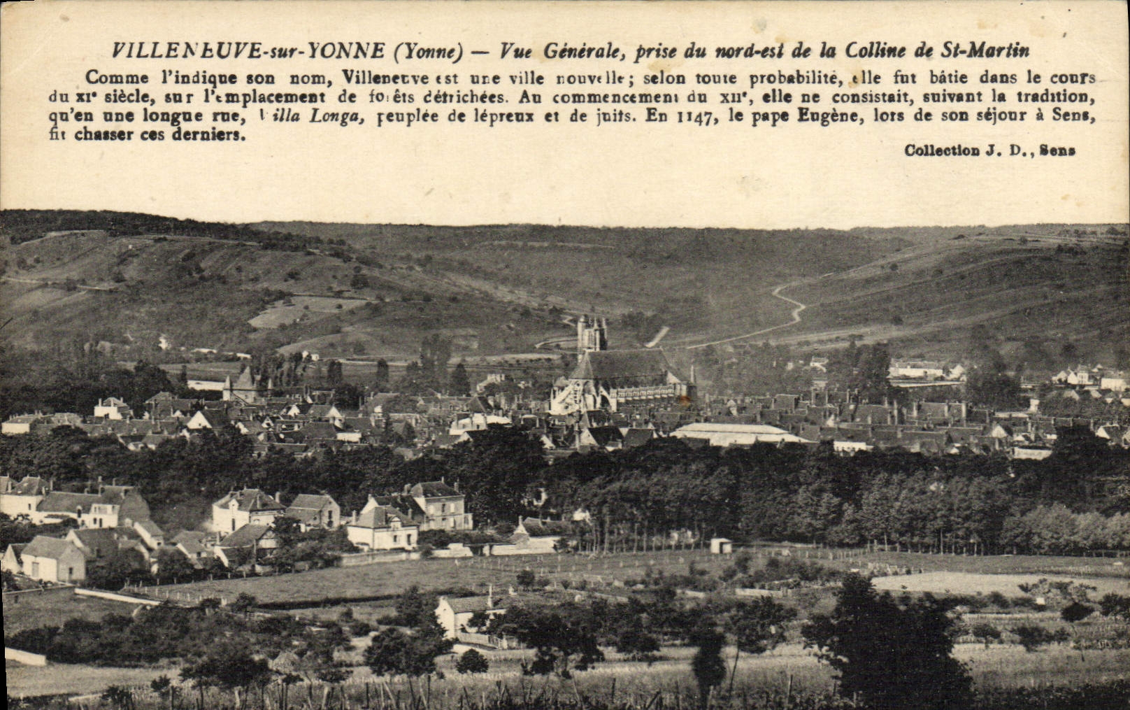 VINTAGE POSTCARD Villeneuve On Yonne View Taken of North east of the Hill of St Martin