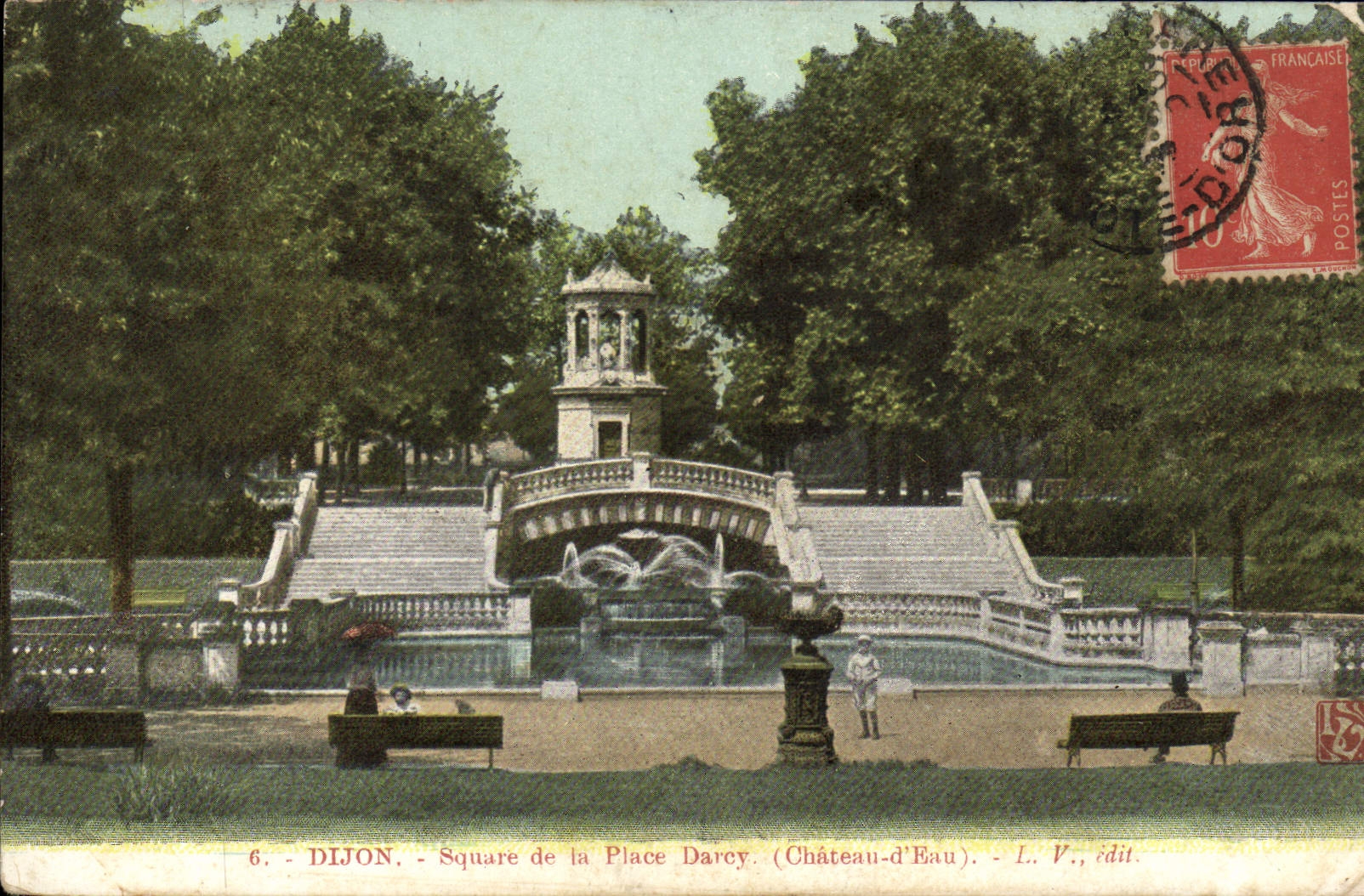 VINTAGE POSTCARD Dijon Public garden of the place Darcy Tower water