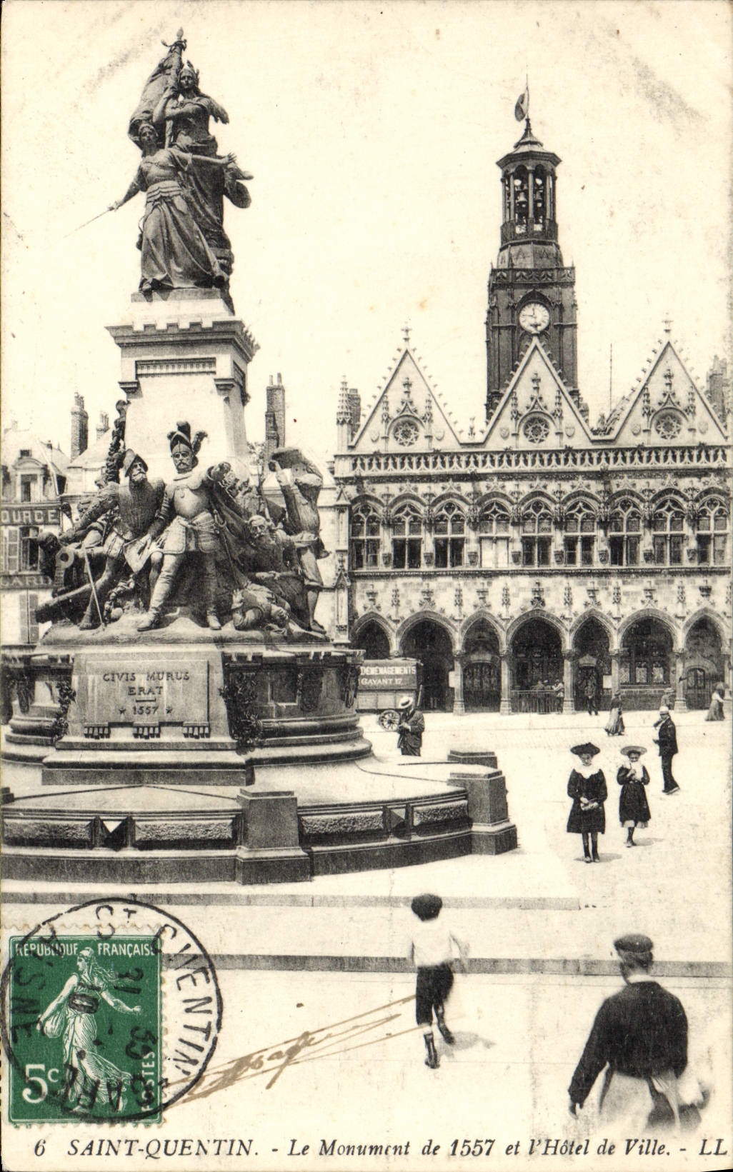 VINTAGE POSTCARD Saint Quentin the Monument of 1557 and the town hall