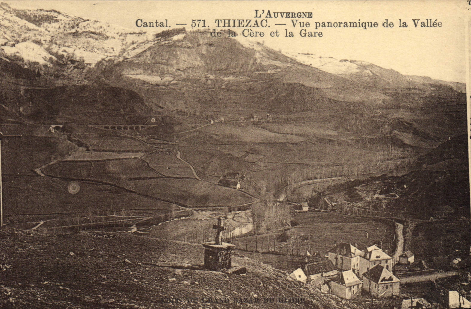 VINTAGE POSTCARD Thiezac Panoramic View of the Valley of Cere and Train station