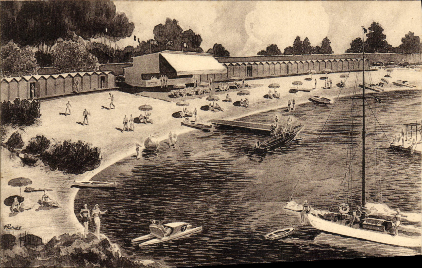 VINTAGE POSTCARD At Keller Beach Of Garoupe Cape D' Antibes Boats