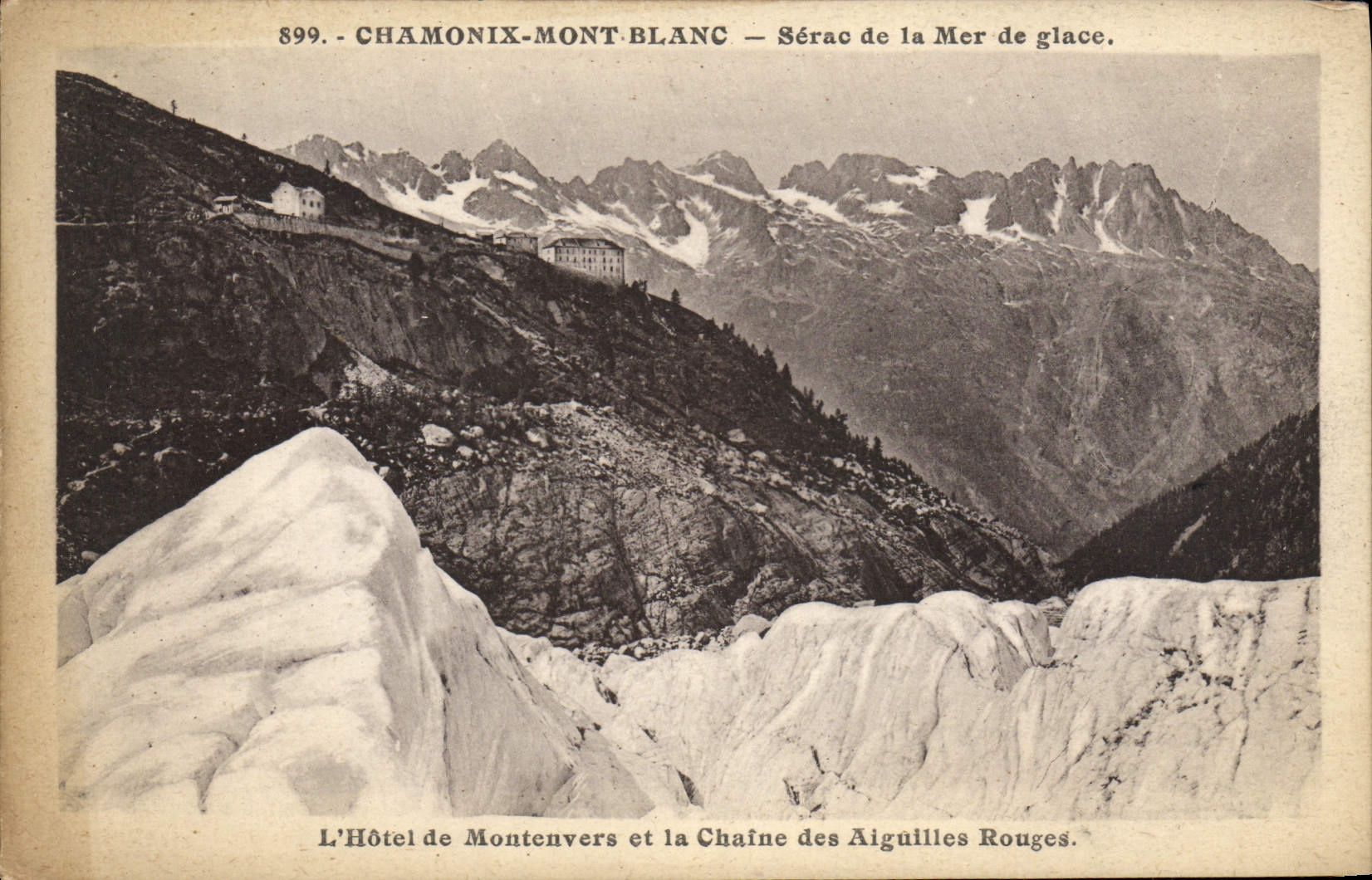 POSTAL Chamonix Mont Blanc Serac de la VENDIMIA del mar del hotel del hielo de montenvers y de cadenas él agujas rojas