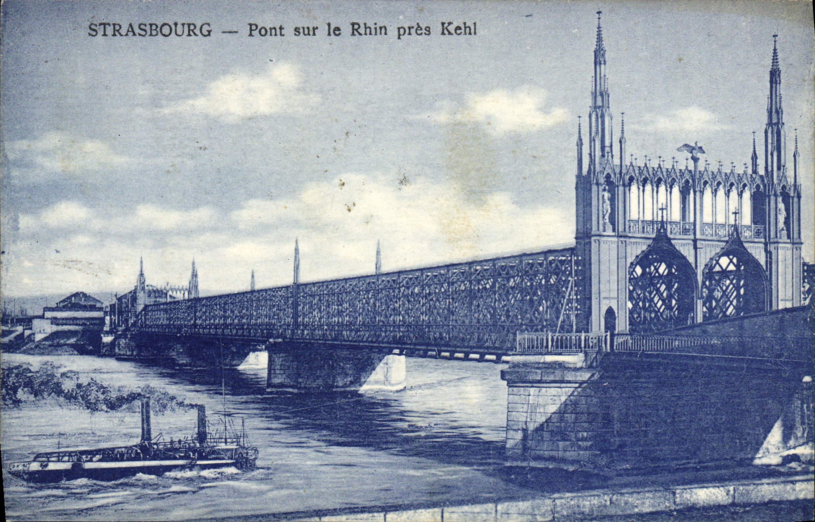 Puente de Estrasburgo de la POSTAL de la VENDIMIA en el barco cercano del Rin Kehl