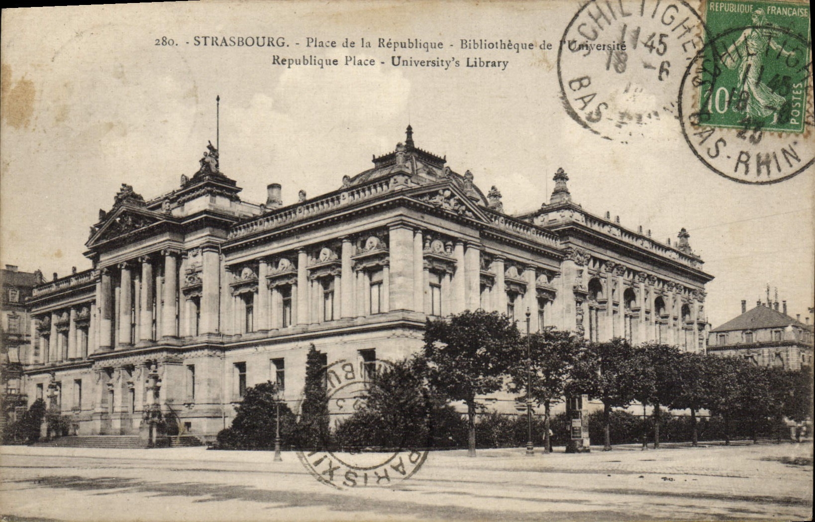 La POSTAL Estrasburgo de la VENDIMIA coloca la biblioteca de la república de la universidad