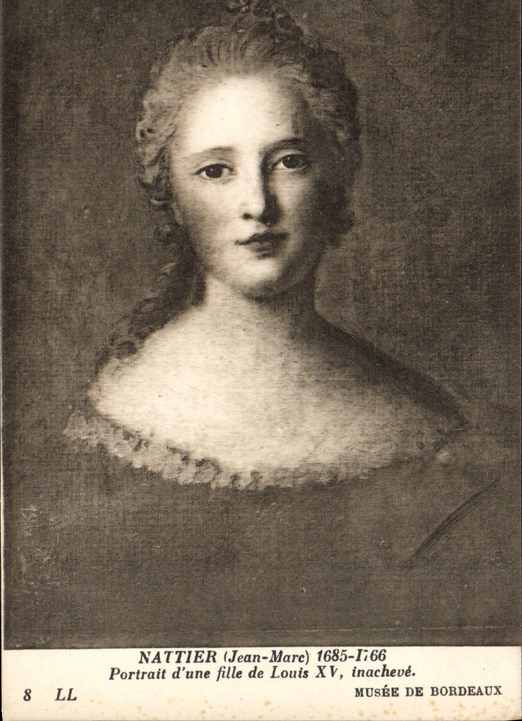 Un retrato más elegante de la POSTAL de la VENDIMIA de una muchacha del museo inacabado de Louis XV de Burdeos
