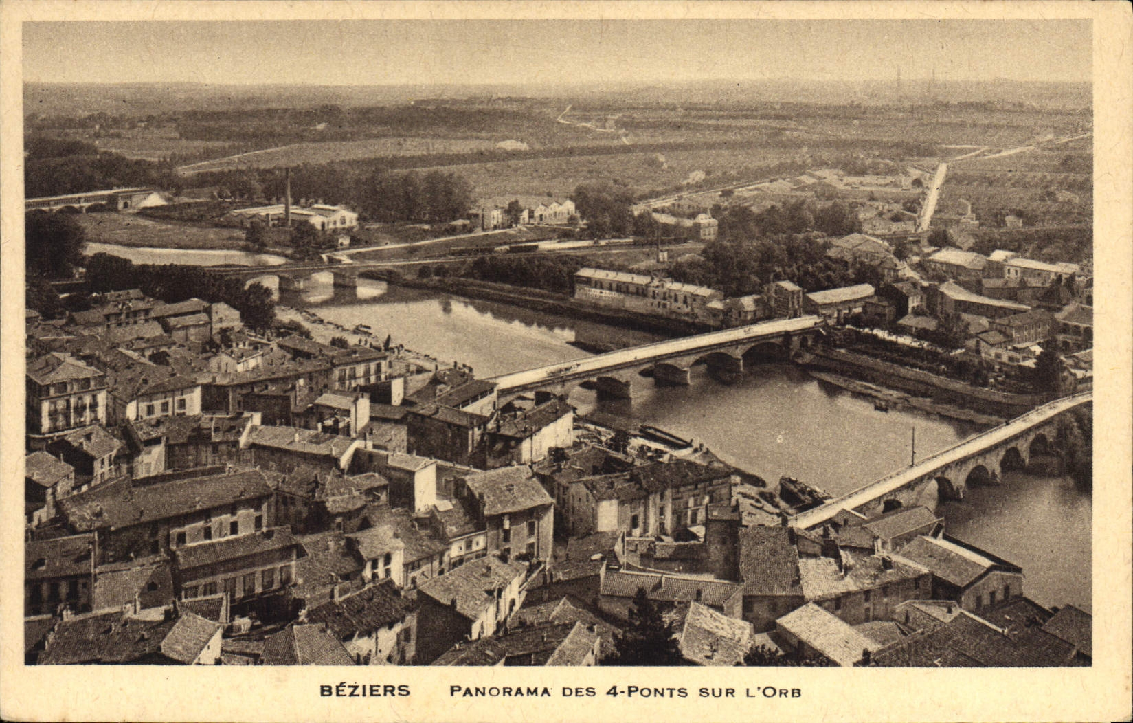 Panorama de Beziers de la POSTAL de la VENDIMIA de los puentes en orbe