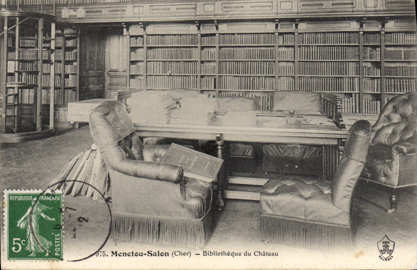 VINTAGE POSTCARD Menetou Bibioitheque Living room Of the Castle