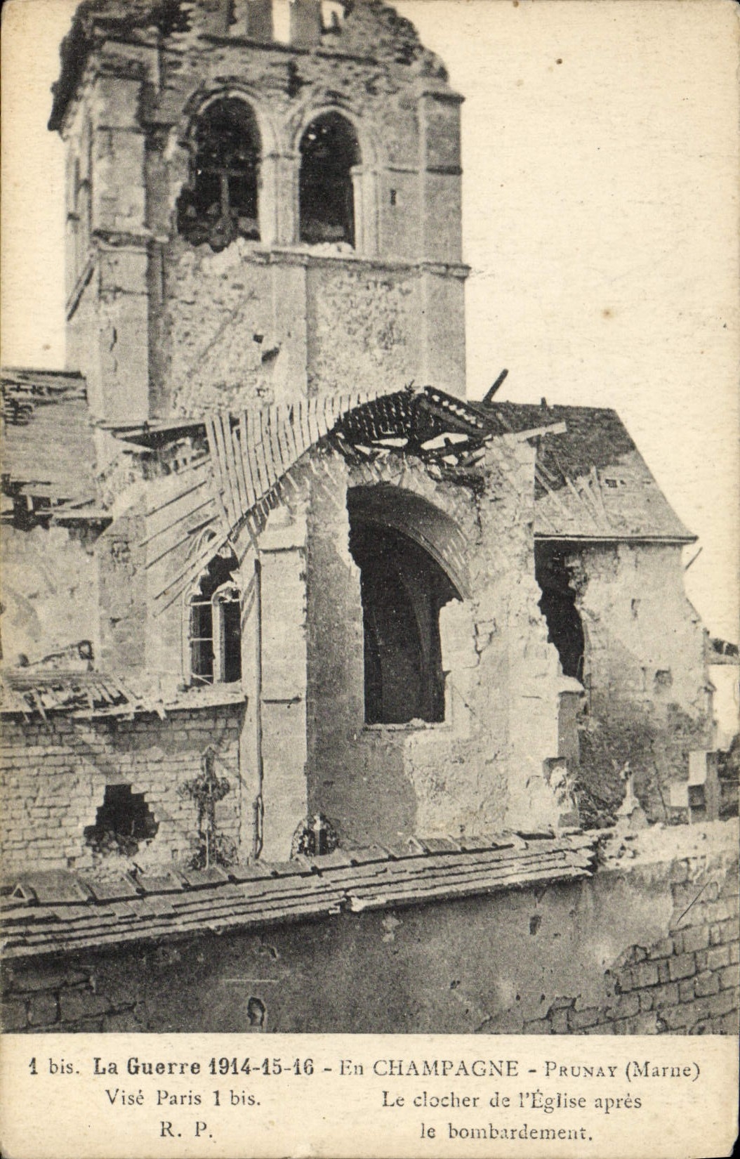 CPA La Guerre En Champagne Prunay Le clocher de l'eglise apres le bombardement Militaria