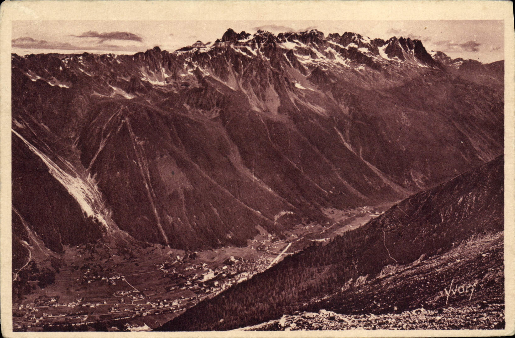 POSTAL Chamonix Mont Blanc de la VENDIMIA el valle de Chamonix y de Brevent vista del teleferic de la aguja del sur