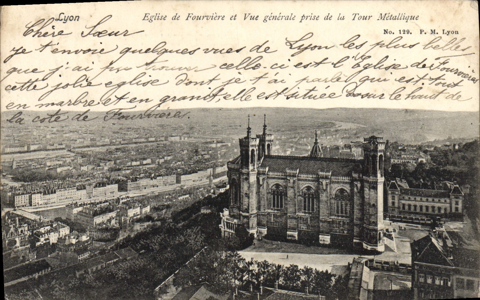 La iglesia de Lyon de la POSTAL de la VENDIMIA de Fourviere y el ela tomado visión de D dan vuelta al metal