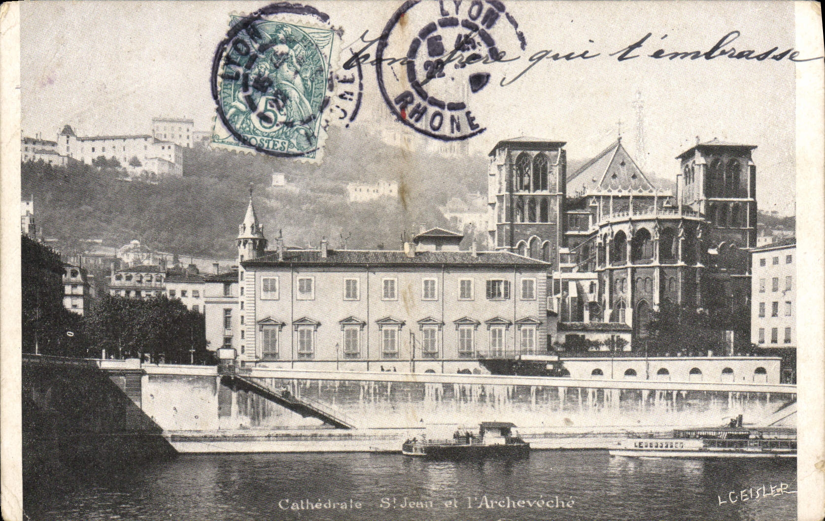 St Jean y el palacio de la catedral de Lyon de la POSTAL de la VENDIMIA del arzobispo