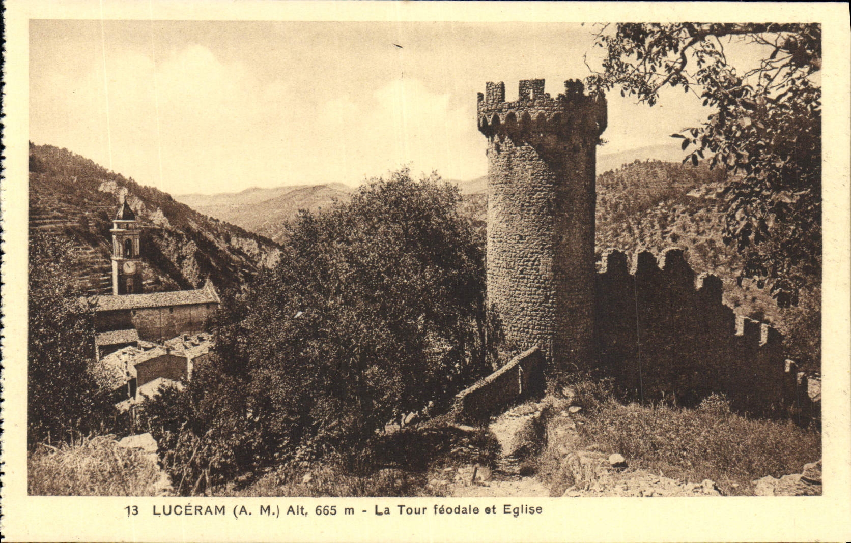 VINTAGE POSTCARD Luceram the Feudal Tower and Church