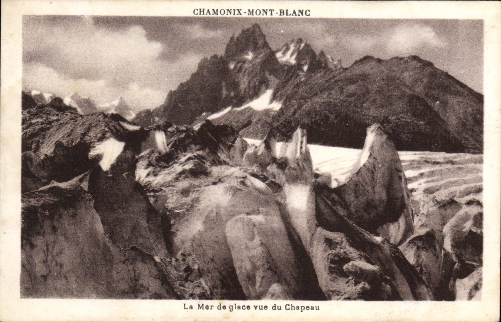 Mar de Chamonix Mont Blanc de la POSTAL de la VENDIMIA del hielo visto del sombrero