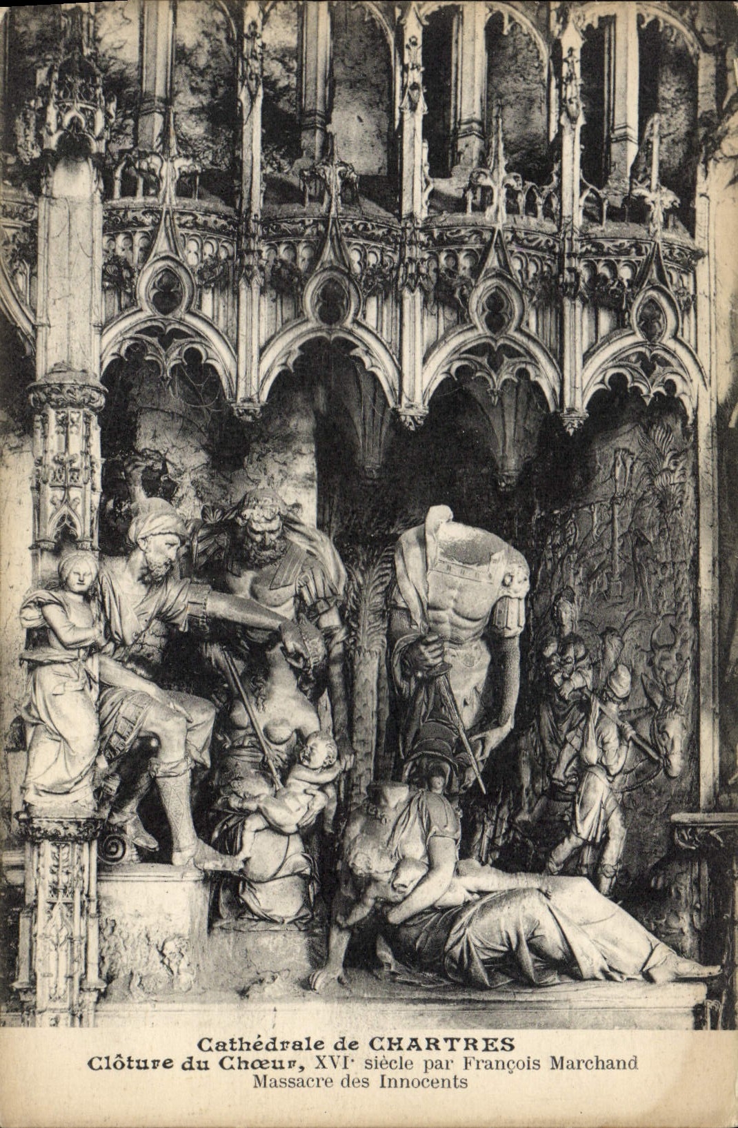 La POSTAL Cathedrale de la VENDIMIA de Chartres incluye el estribillo por la masacre de François Marchand del innocent