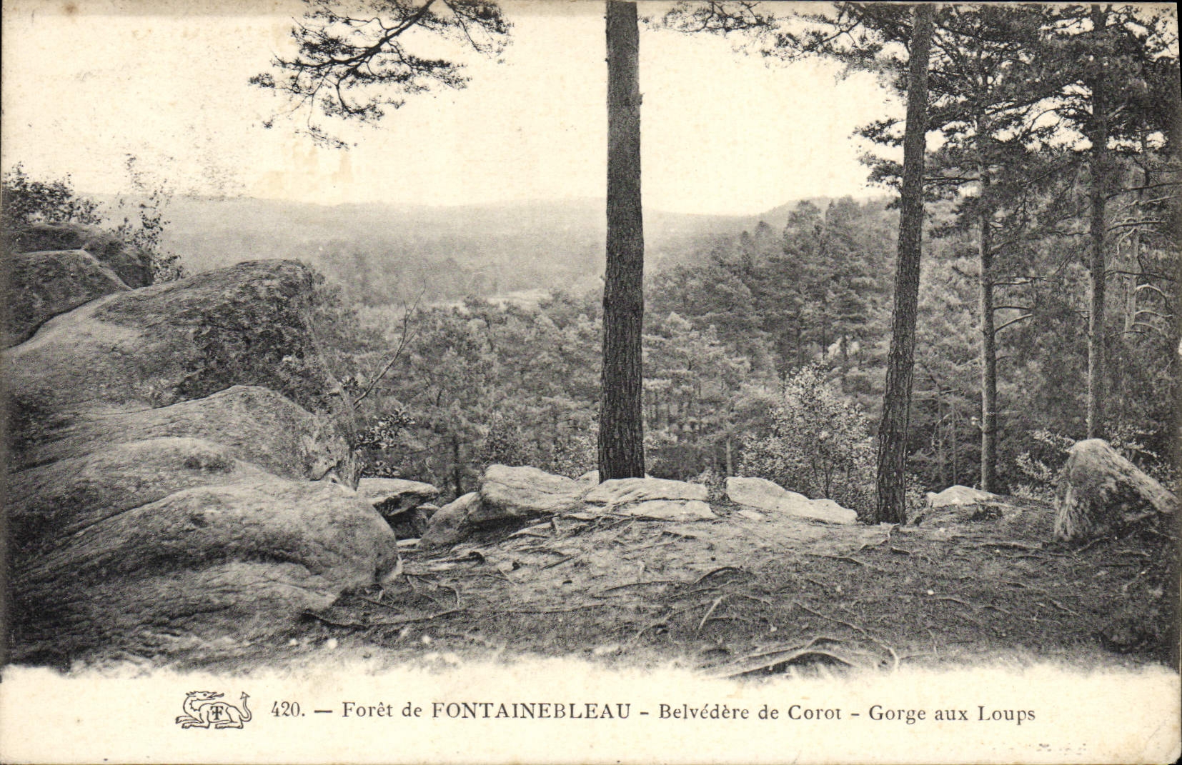 POSTAL Foret De Fontainebleau Belvedere De Corot Gorges de la VENDIMIA con los lobos