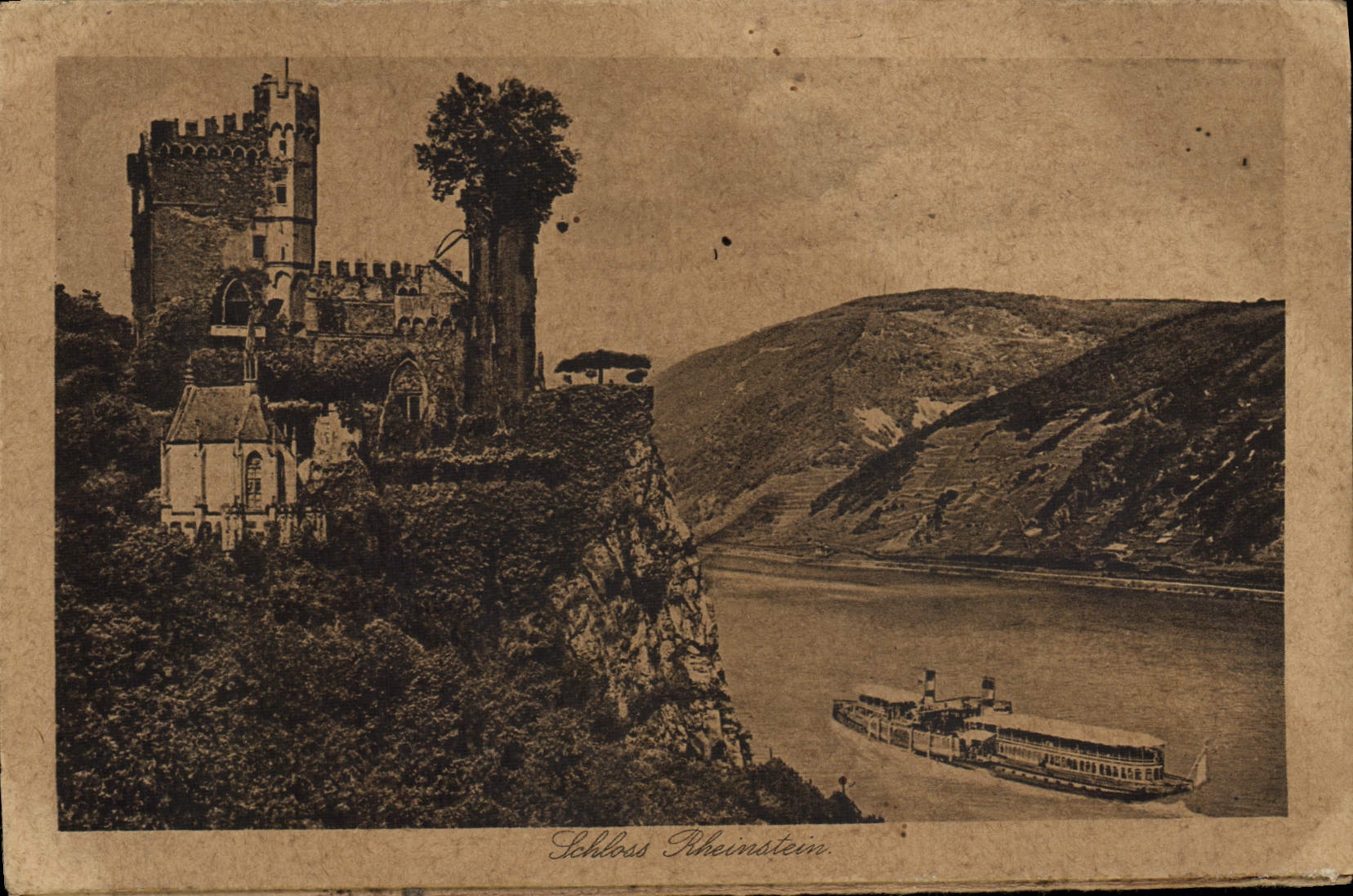 VINTAGE POSTCARD Schloss Rheinstein Boat