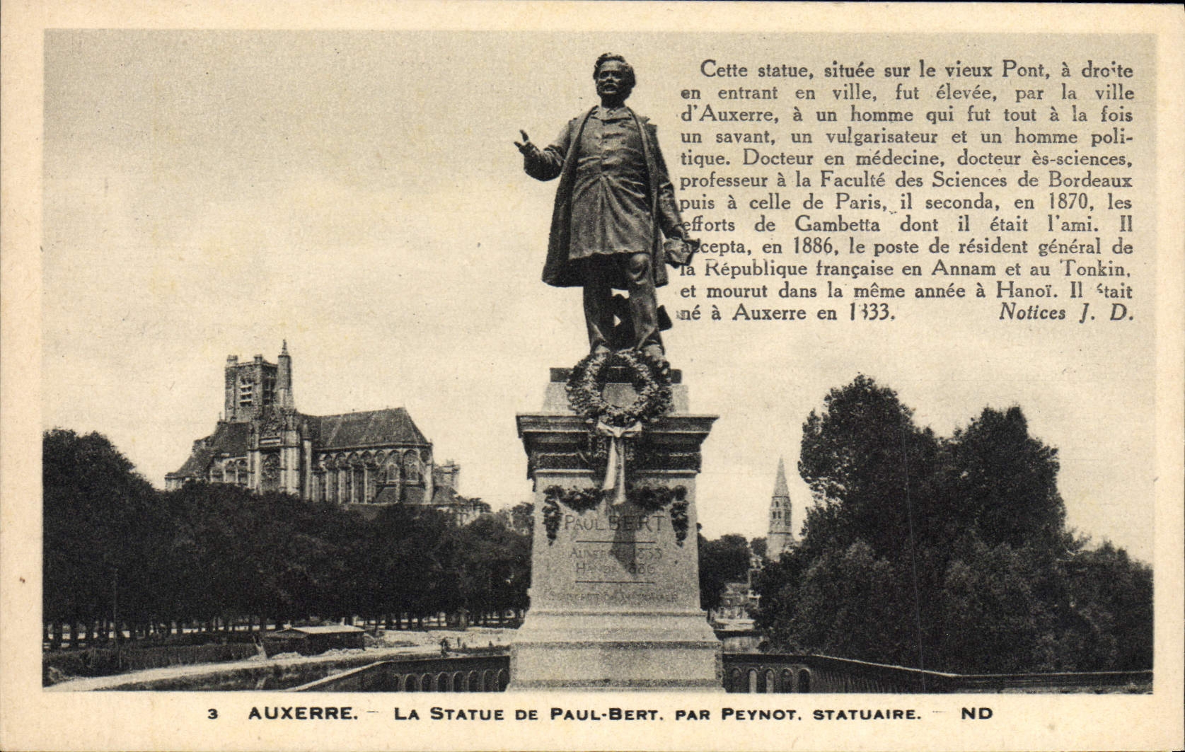 VINTAGE POSTCARD Auxerre the Statue Of Paul Bert By Peynot Sculptor