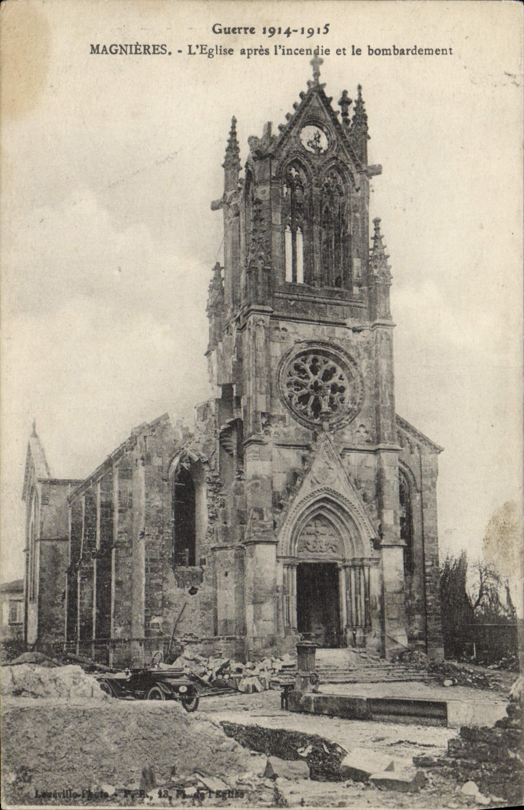 VINTAGE POSTCARD Magnieres the Church After I' Incendie And the Militaria Bombardment