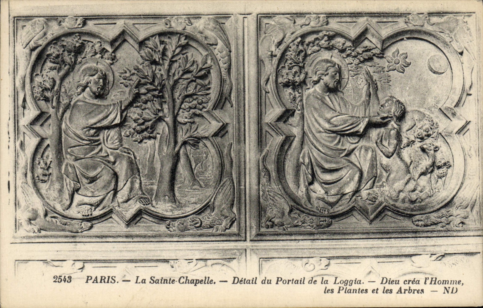 VINTAGE POSTCARD Paris Sainte the Vault Detail Of the Gate of the Loggia God created the man the plants and the trees
