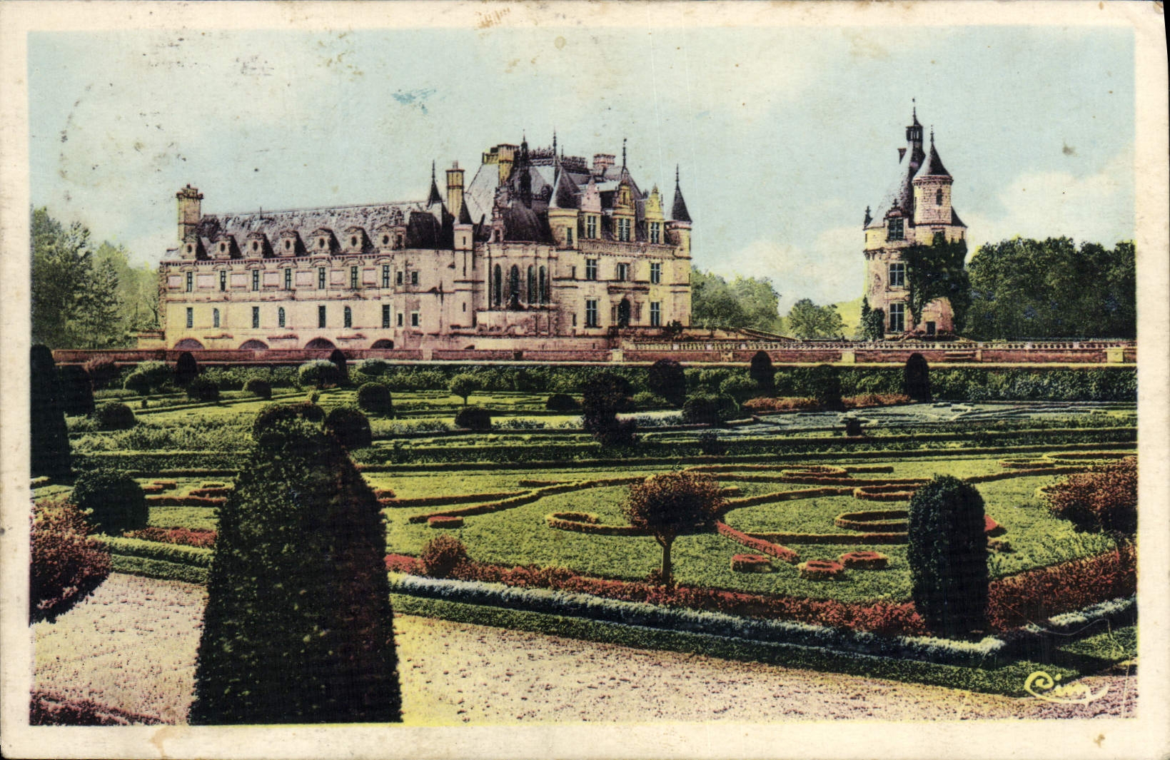 POSTAL Chenonceaux de la VENDIMIA el castillo y sus jardines