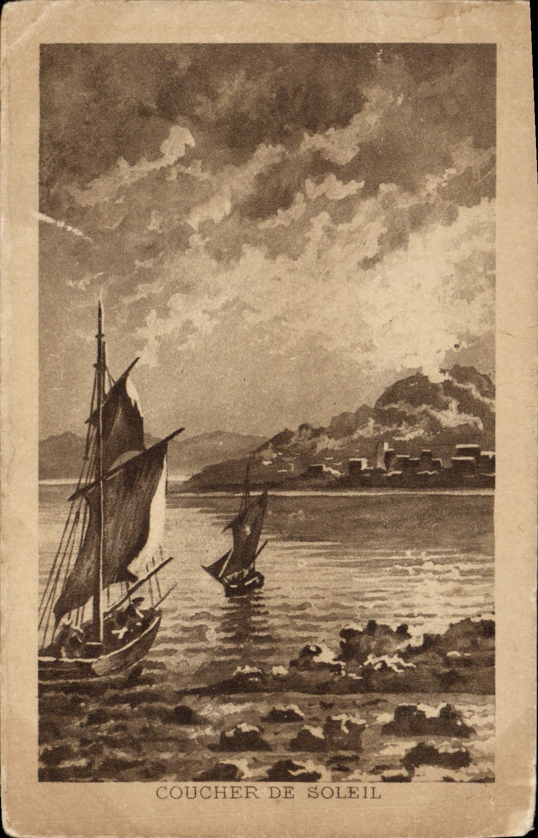 CPA Coucher De Soleil Bateaux