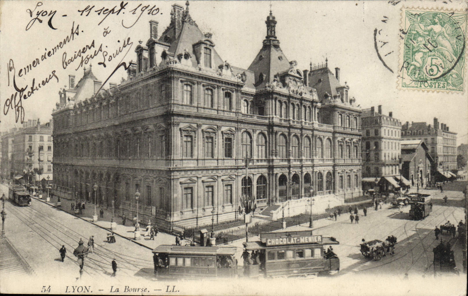 POSTAL Lyon de la VENDIMIA el chocolate de Menier de la tranvía de la bolsa de acción