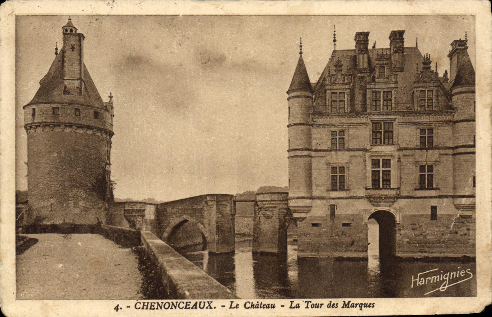 POSTAL Chenonceaux de la VENDIMIA el castillo la torre de las marcas