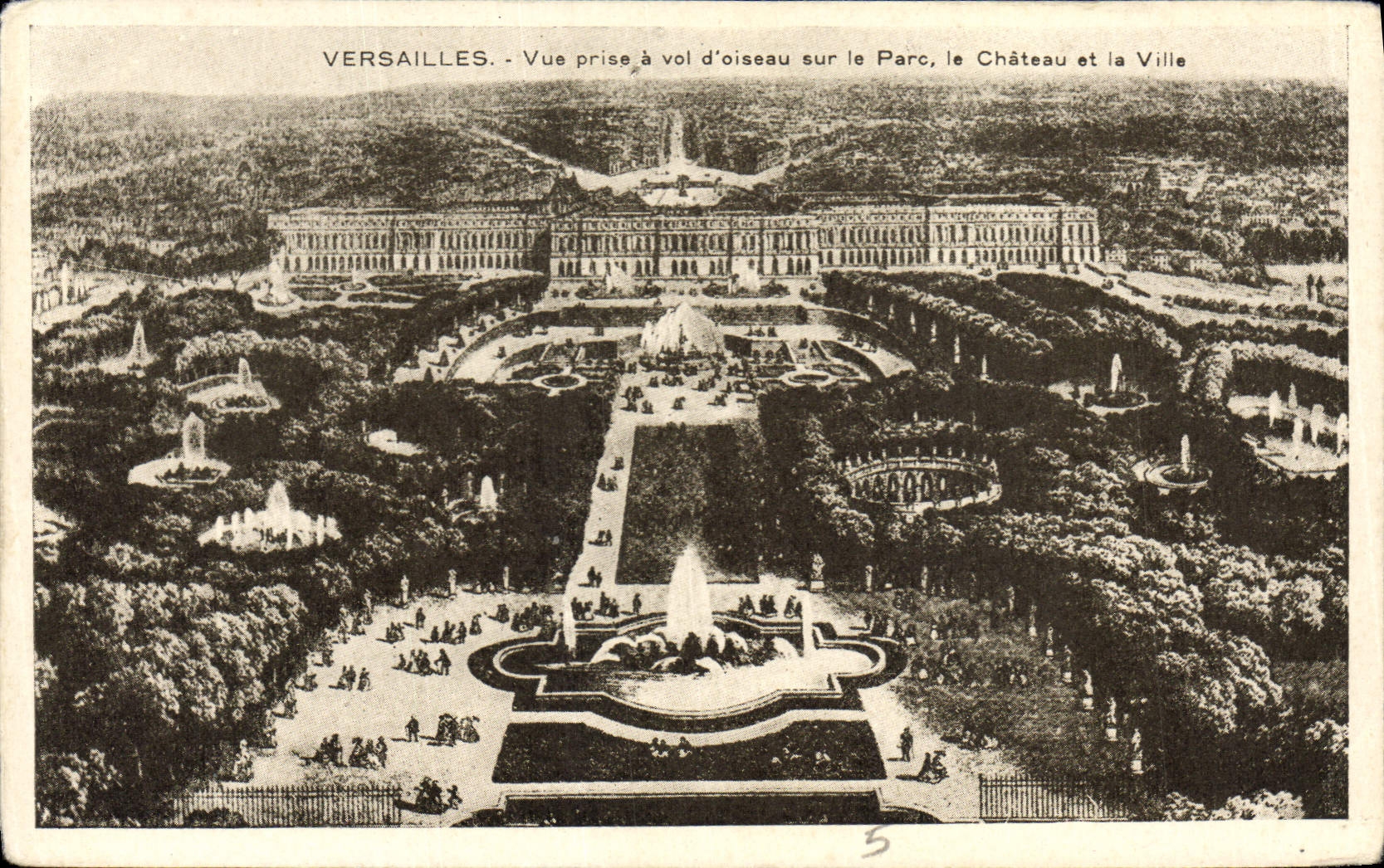 VINTAGE POSTCARD Veersailles Seen from Flight of bird on the Park the castle and the city