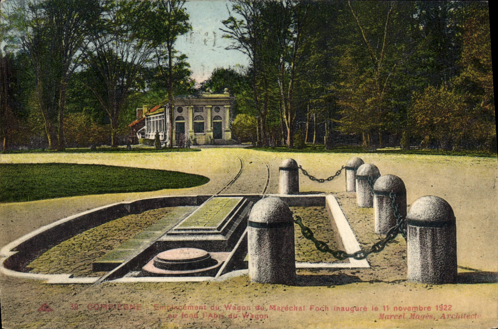 Sitio de Compiegne de la POSTAL de la VENDIMIA del coche del mariscal Foch Militaria