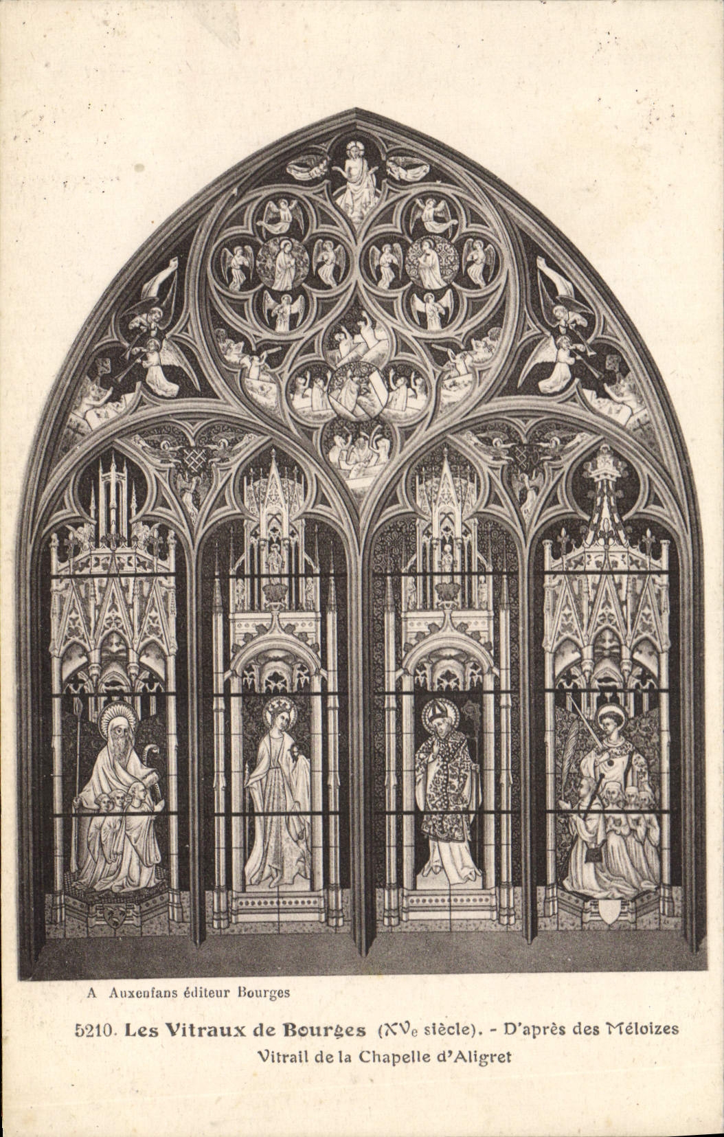 Vidrios manchados de la POSTAL de la VENDIMIA de Bourges según del vidrio manchado de Meloizes de la cámara acorazada de Aligret