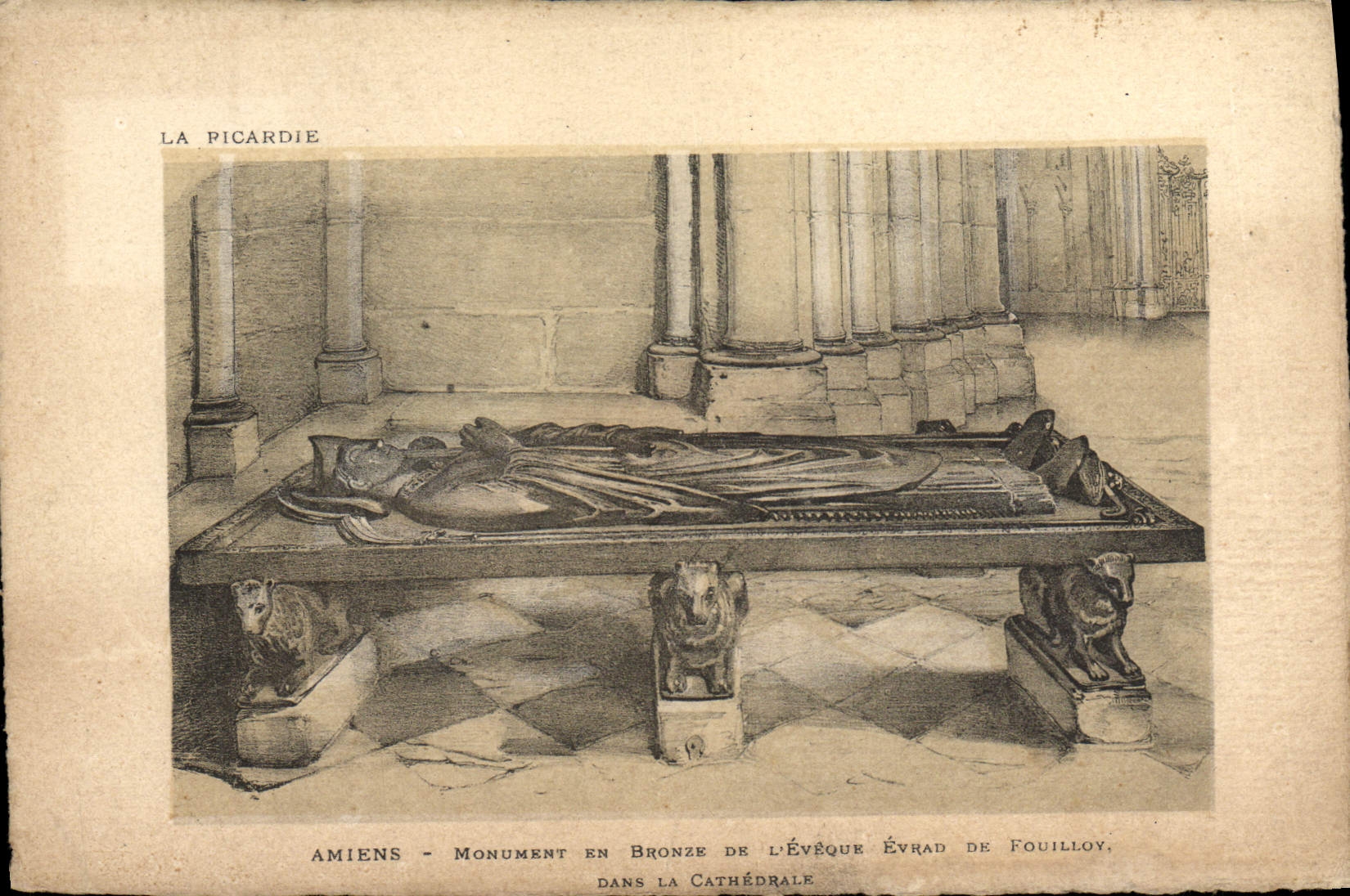 Monumento de Amiens de la POSTAL de la VENDIMIA fuera del bronce del obispo Ecrad de Fouilloy