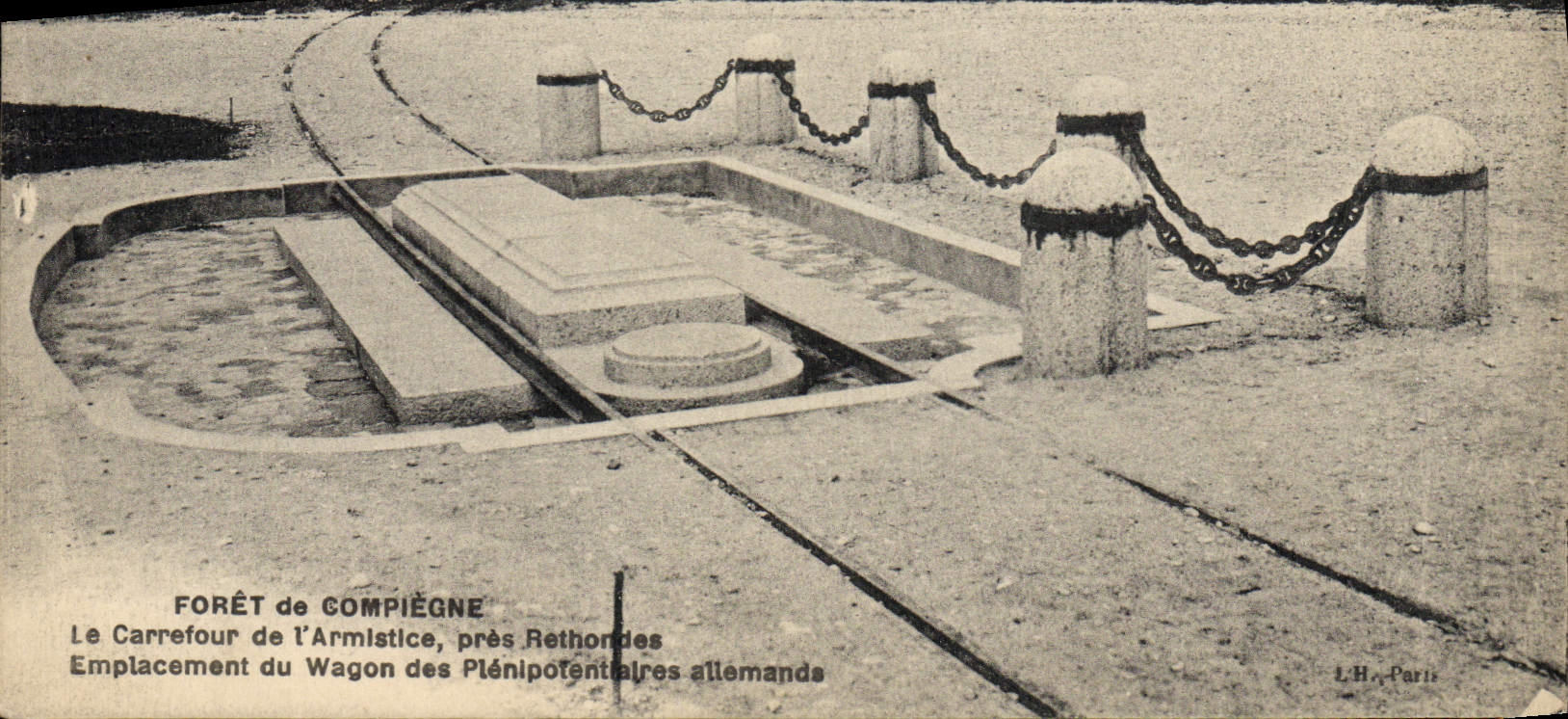 Taladro de la POSTAL de la VENDIMIA de Compiegne el sitio cercano de De I' Armistice Rethondes de la encrucijada del coche de los plenipotentiares alemanes