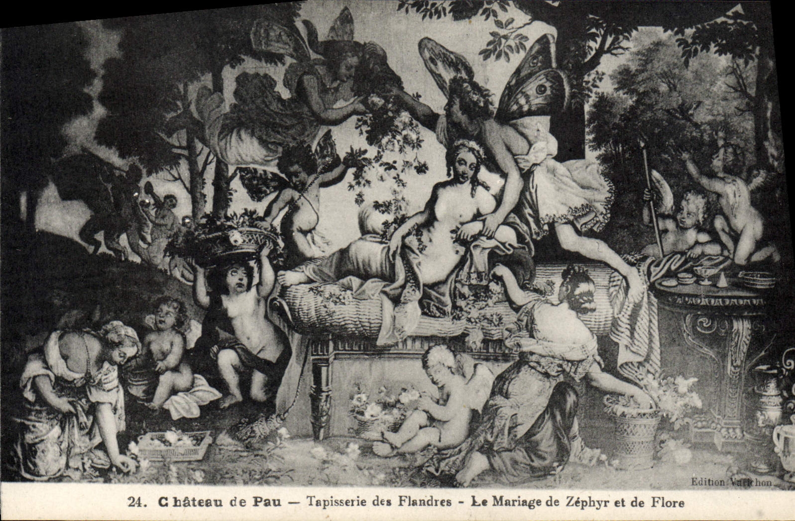 Tapicería del castillo de Pau de la POSTAL de la VENDIMIA de Flandes la unión del Zephyr y de la flora