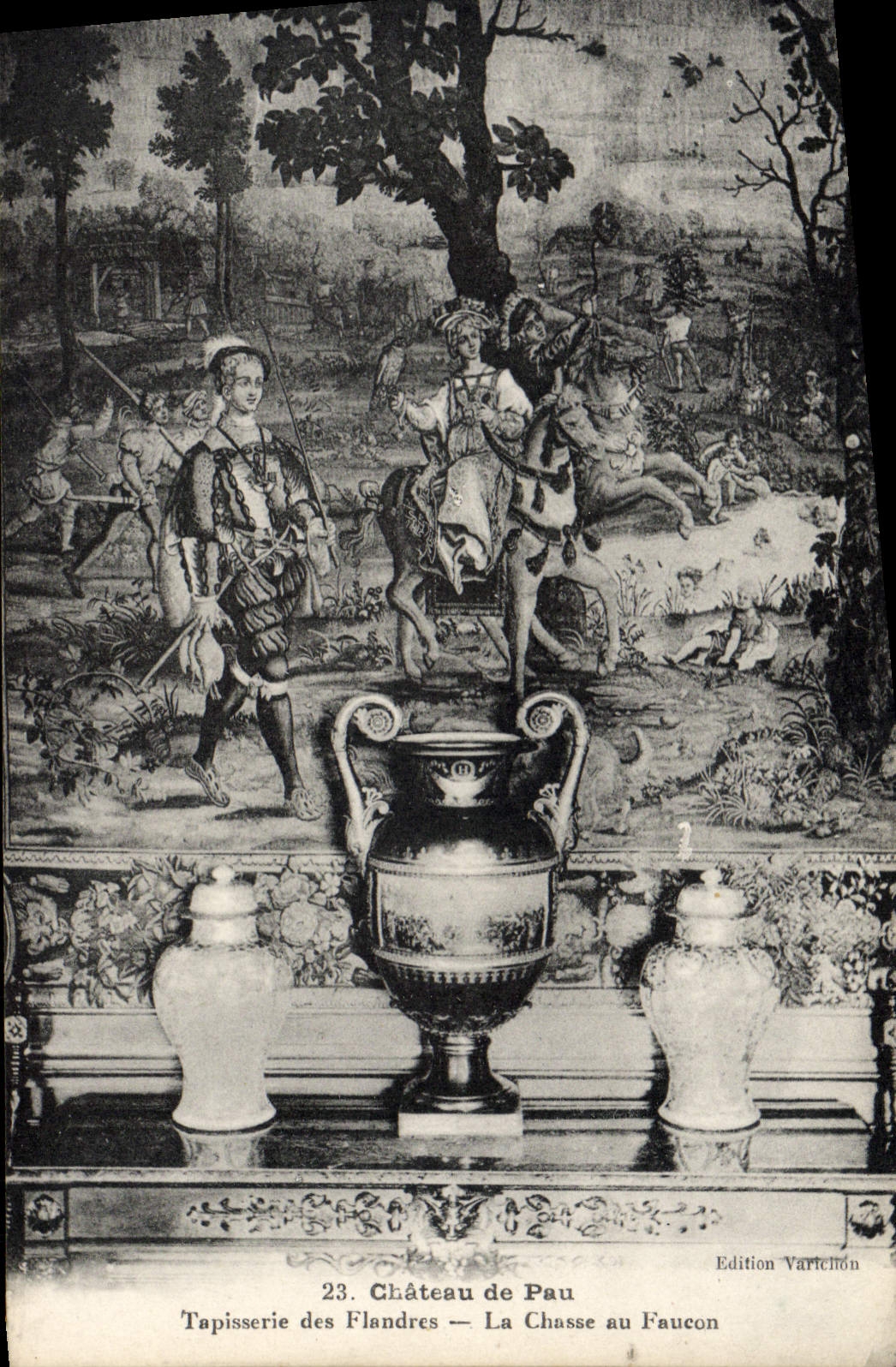 Tapicería del castillo de Pau de la POSTAL de la VENDIMIA de la caza de Flandres para el halcón