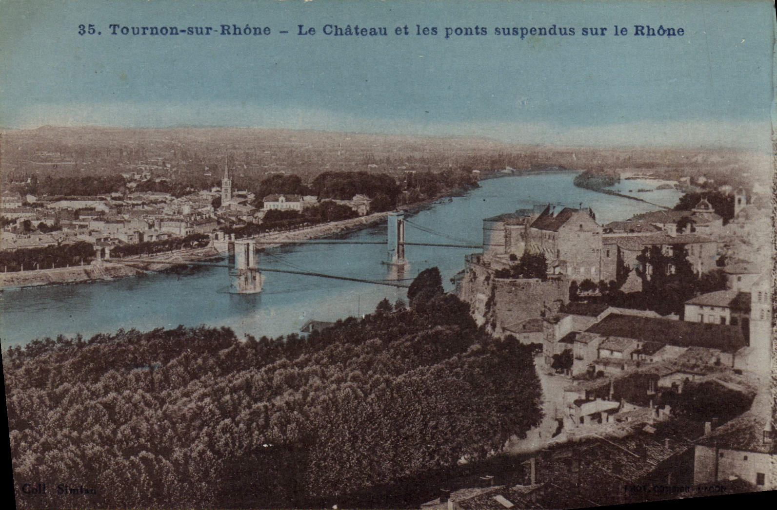 VINTAGE POSTCARD Tournon on the Rhone the Castle and Suspended bridges On the Rhone