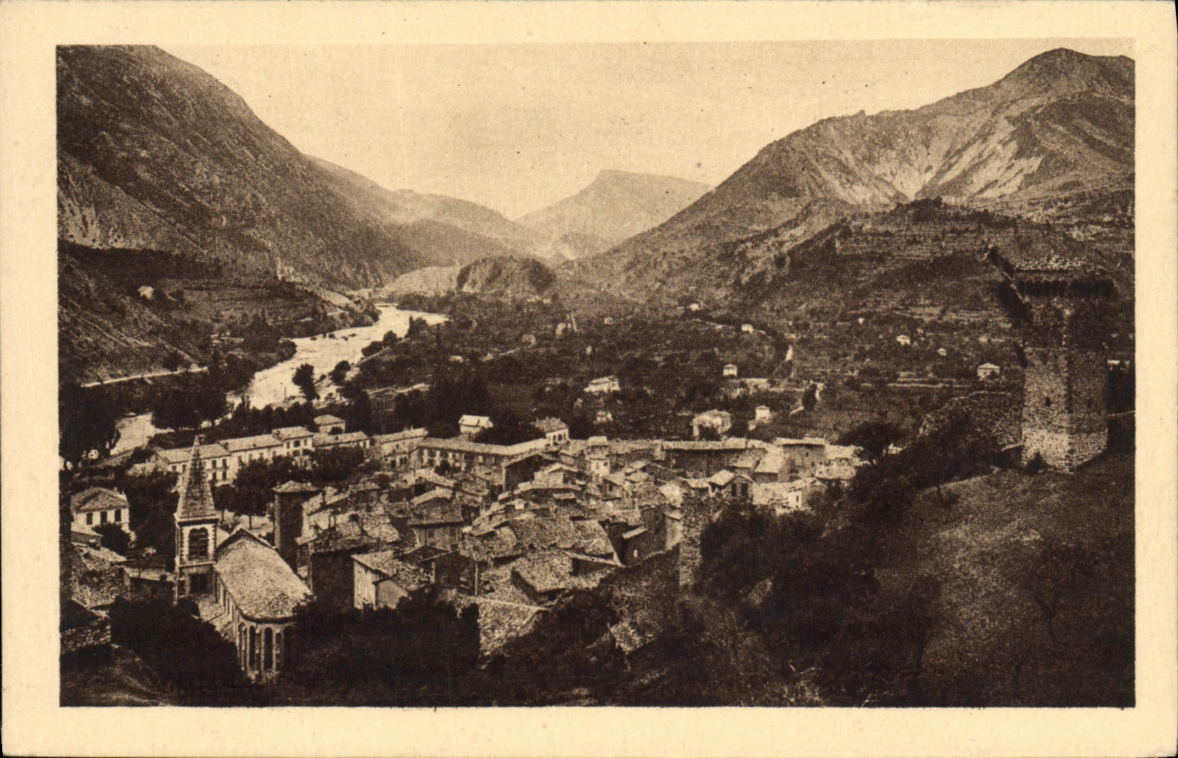 VINTAGE POSTCARD Castellane Estival Station View and the Old woman Tower
