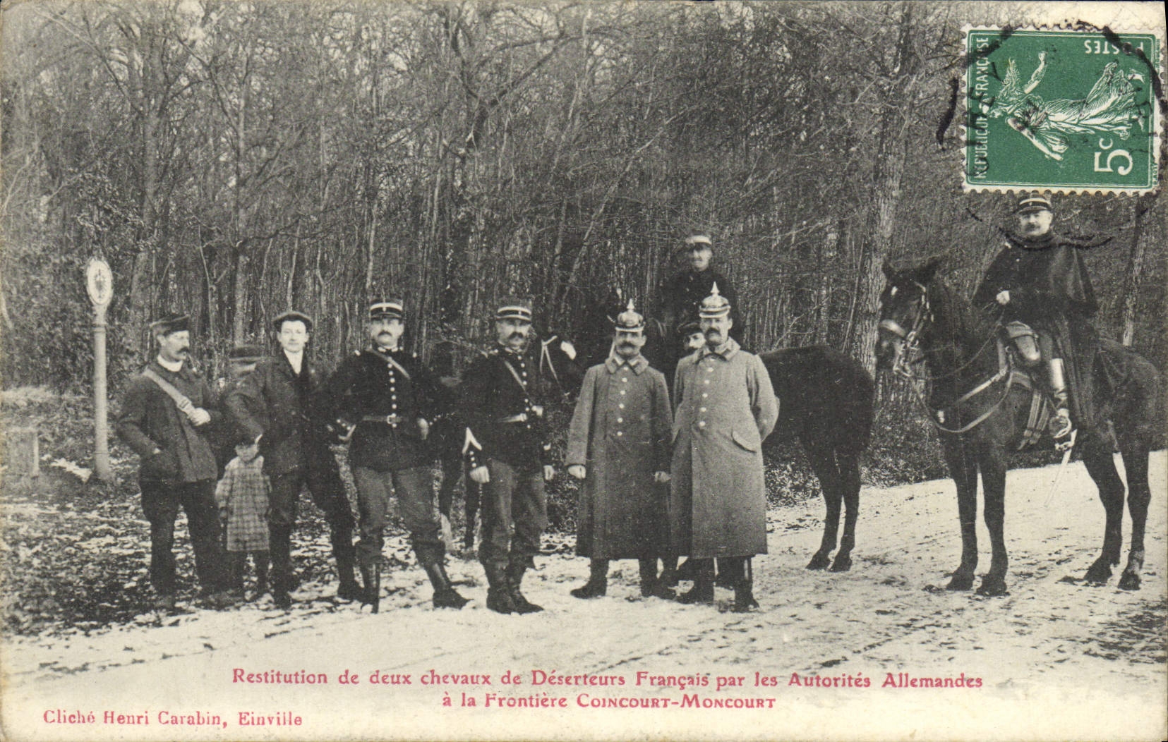 VINTAGE POSTCARD Customs Customs officers Restitution of two horses of French deserters Coincourt Moncourt