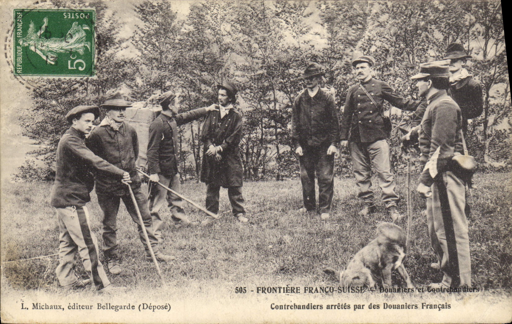 VINTAGE POSTCARD Customs Customs officers free Swiss Border Customs officers and smugglers stopped by the French customs officers Dog
