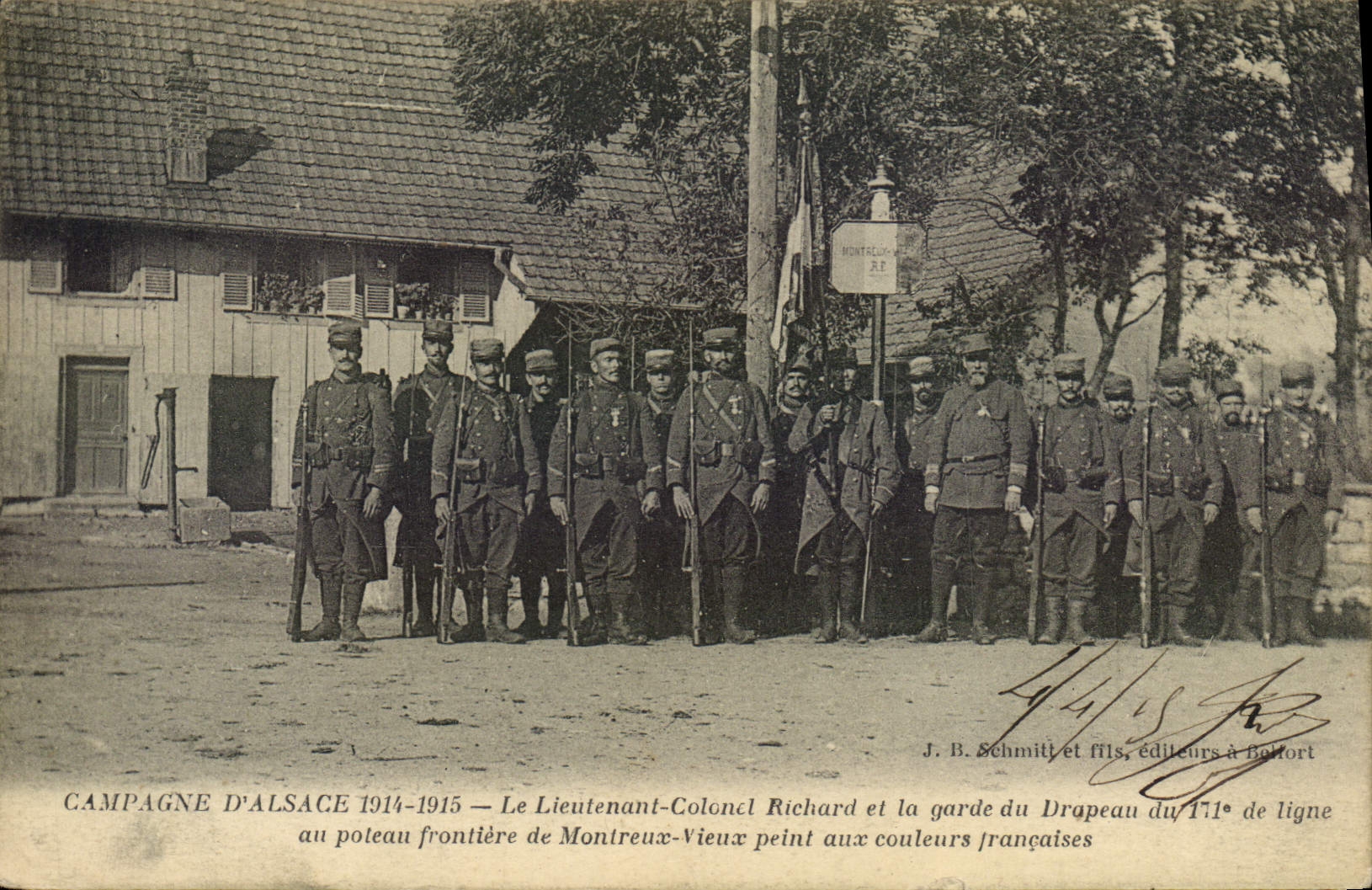 VINTAGE POSTCARD Customs Customs officers Countryside of Alsace the lieutenant colonel Richard and guard of the flag of the 171eme Montreux Old man