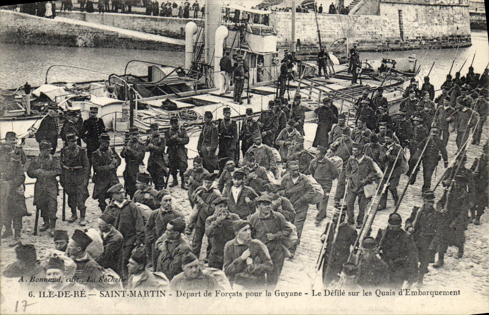 Salida santa de Ile de Ré Martin del Convict de Bagne de la POSTAL de la VENDIMIA de los convicts para Guyana que la procesión en las plataformas de envío REMATA