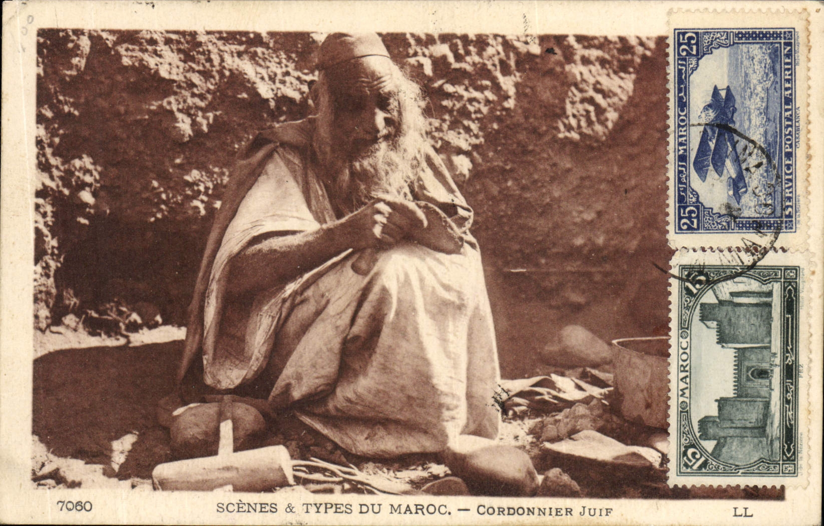 Escenas judías de Judaica de la POSTAL de la VENDIMIA y tipos de Marruecos Coordonnier judíos