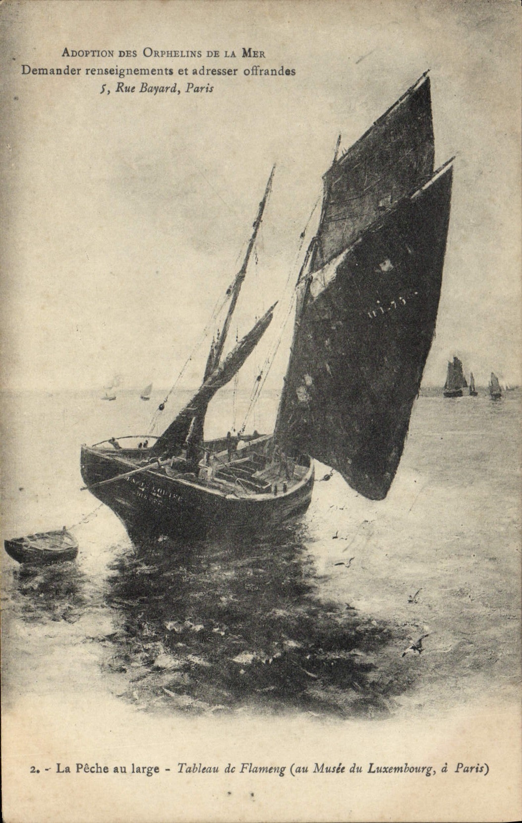 VINTAGE POSTCARD Boat Fishing in broad Tebleau de Flameng Museum of Luxembourg Paris