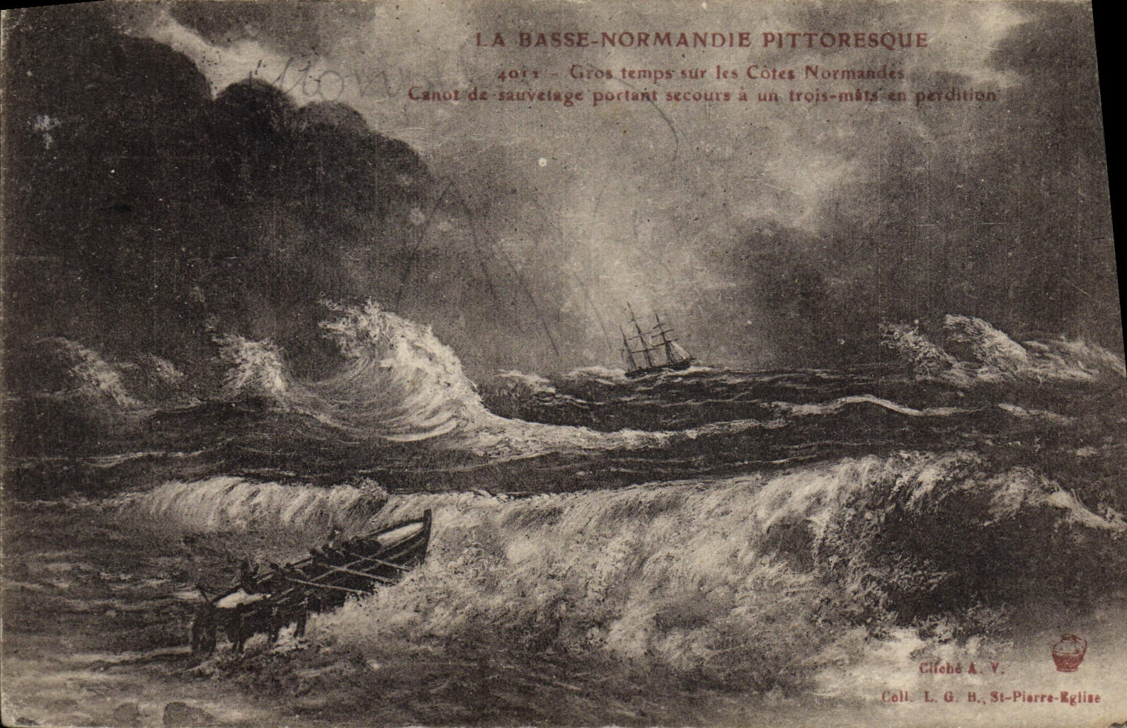 Un tiempo pesado más bajo de Normandía del barco de la POSTAL de la VENDIMIA en el bote salvavidas de los normandos de las dimensiones