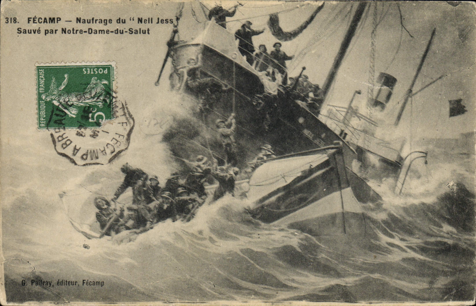 CPA Bateau Fecamp Naufrage du Neil Jess Sauve par Notre Dame du Salut