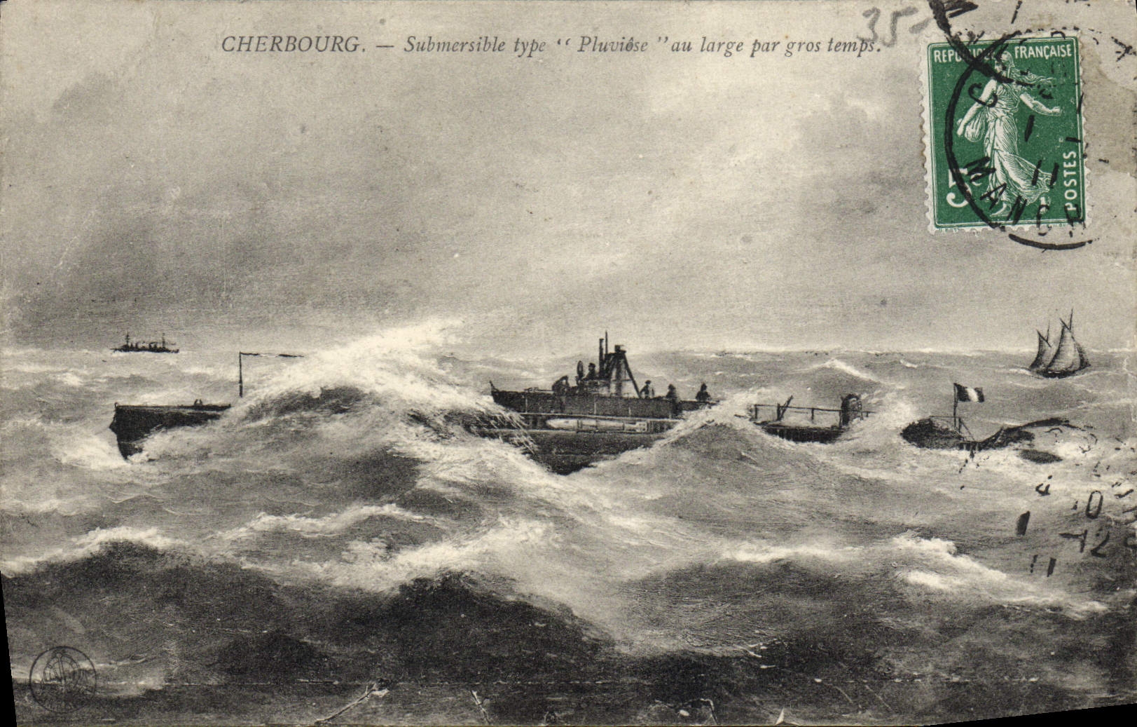 CPA Bateau Cherbourg Submersible Pluviose au large par gros temps Sous marin 