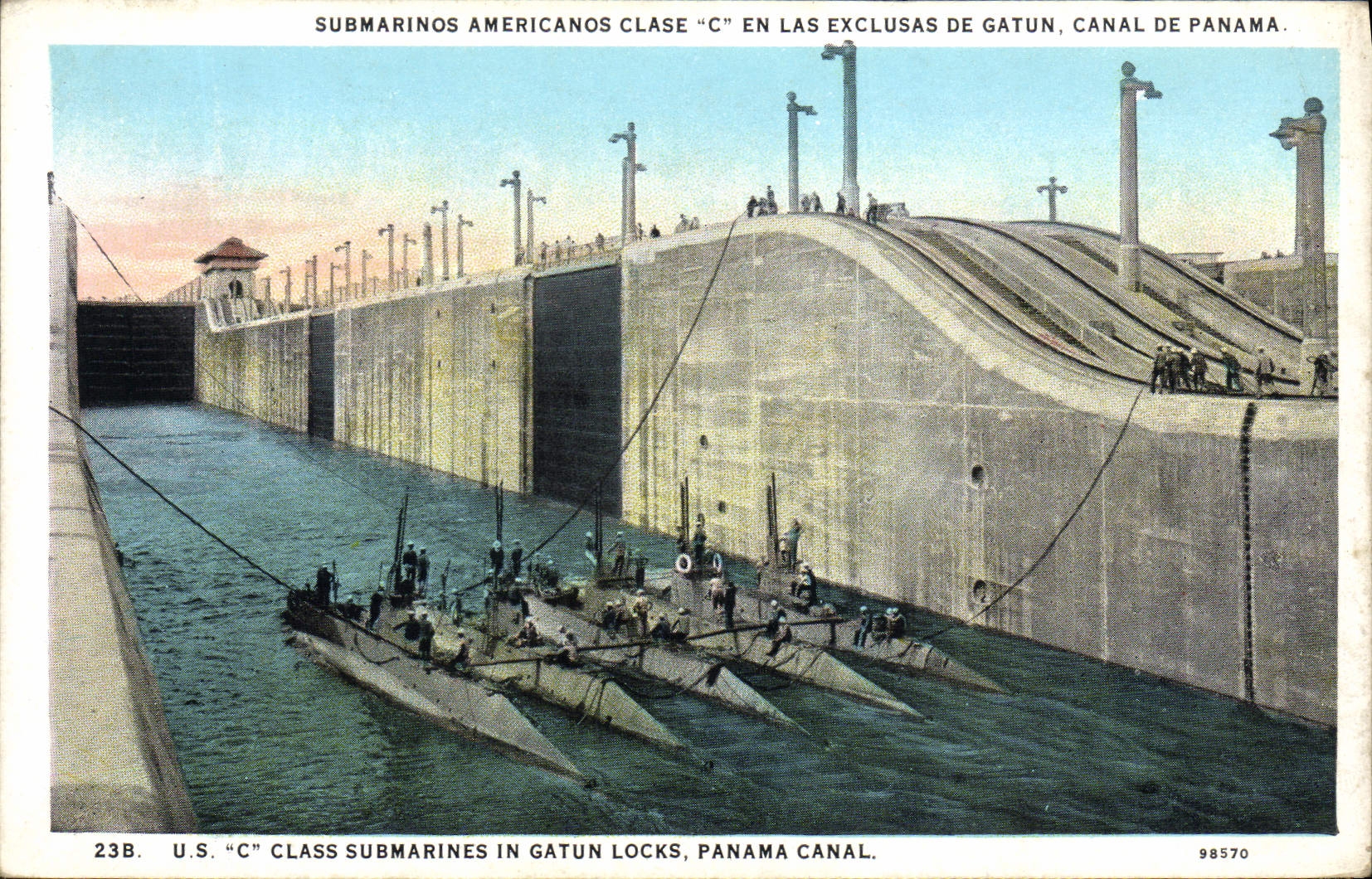 VINTAGE POSTCARD Boat US Submarine C Class Submarines in Gatun Locks Panama Canal