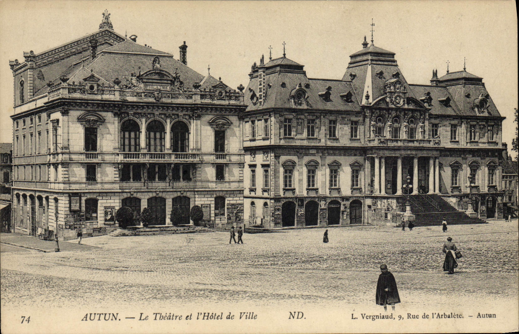 VINTAGE POSTCARD Autun the Theater and the town hall