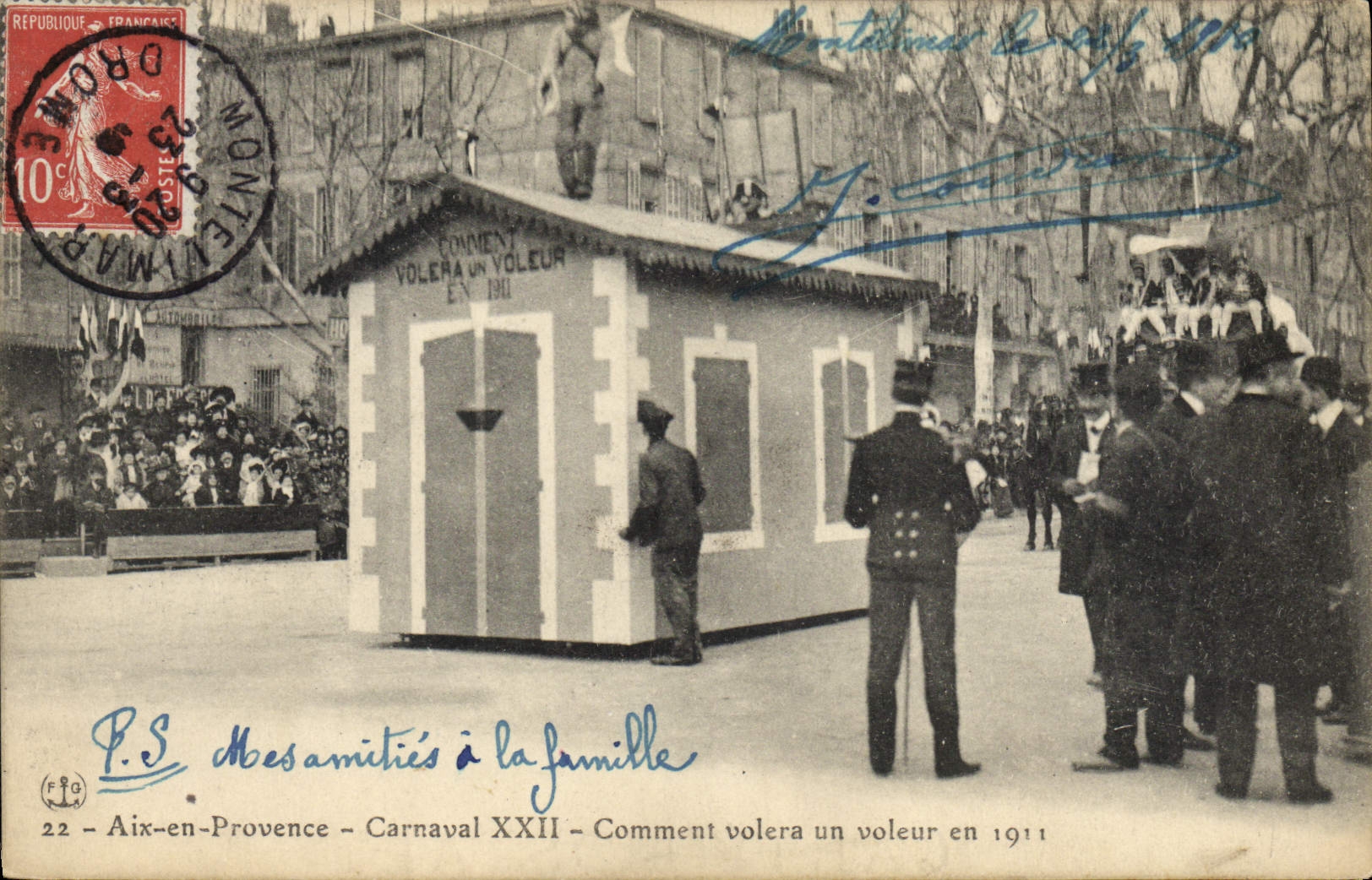 Oficial de policía del Aix de la fuerza de policía de la POSTAL de la VENDIMIA en Provence Carnaval XXII cómo un ladrón en 1911 volará