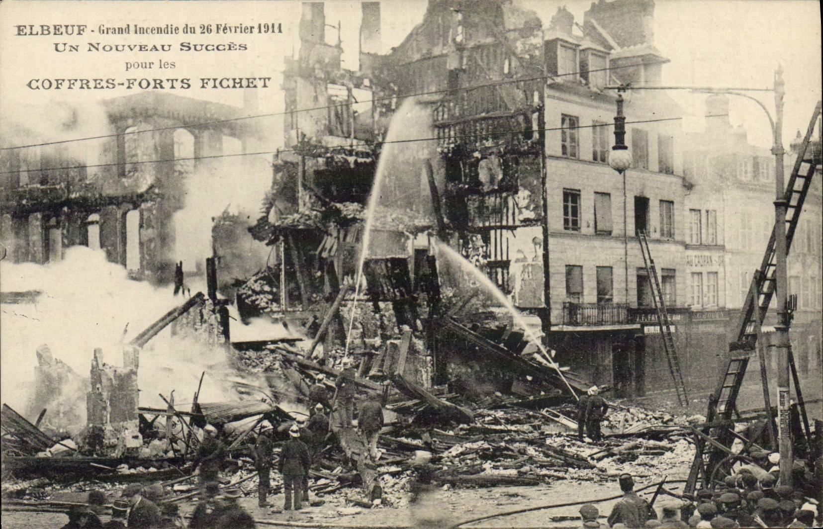 CPA Sapeurs Pompiers Elbeuf Grande incendie du 26 fevrier 1911 Publicite Coffres Fort Fichet TOP