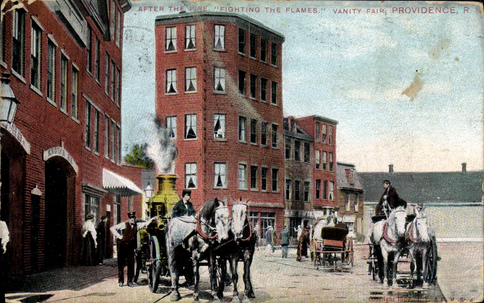 CPA Sapeurs Pompiers After the fire fighting the falmes Vanity Fair Providence Chevaux